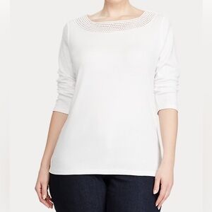 LAUREN RALPH LAUREN Lace Neck White Cotton 3/4 Sleeve T-Shirt Top Size 1X